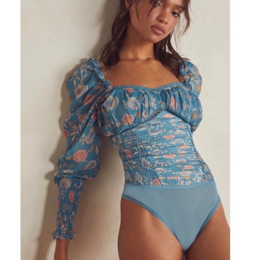 Free People Teal Floral Bodysuit